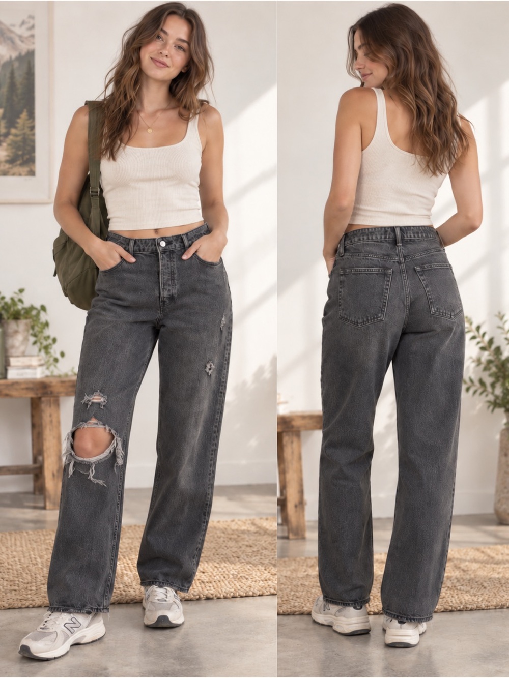 Abercrombie & Fitch Charcoal Black Ripped Dad Jeans Y2K Indie Grunge Chic